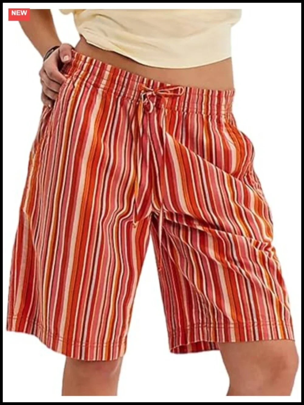 Women's Cotton Stripe Bermuda Shorts with Pockets, Drawstring Waist